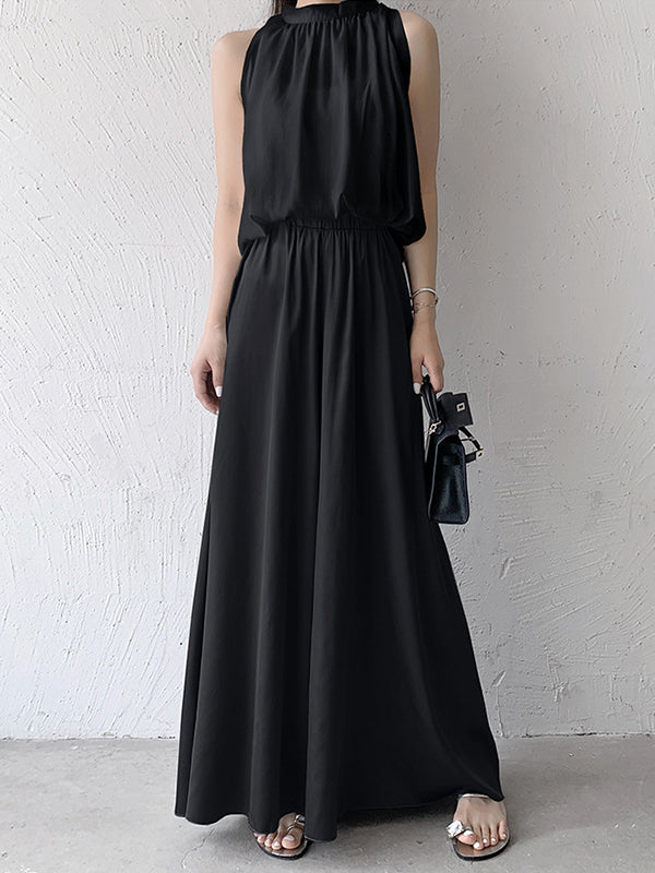 Pantalon culotte taille haute ample et élastique plissé de couleur unie 