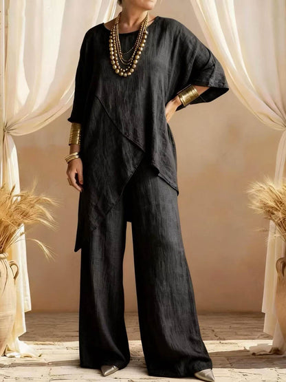 Loose Plus Size Asymmetric Solid Color Round-Neck Blouses&Shirts Tops + Pants Two Pieces Set