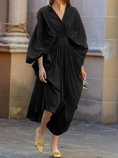 Long Sleeves Loose Backless Solid Color V-Neck Midi Dresses