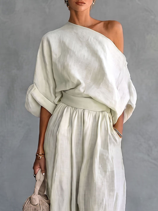 Half Sleeves Loose Solid Color One-Shoulder Blouses&Shirts Tops
