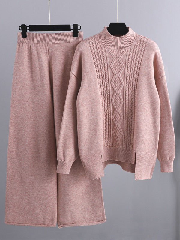 Urban Loose Split-Side Half Turtleneck Sweater Tops& Wide Leg Pants Two Pieces Set
