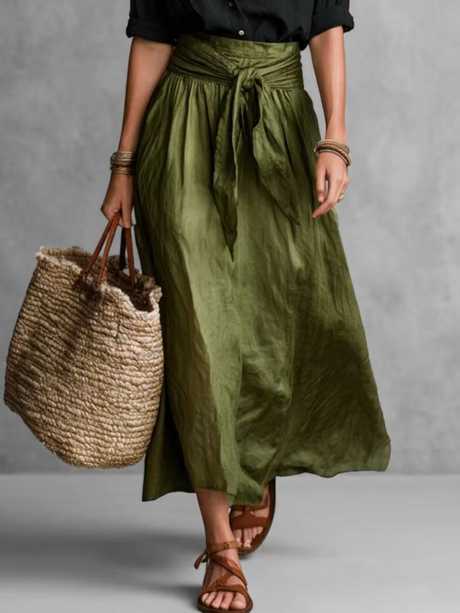 A-Line High Waisted Pleated Solid Color Tied Waist Skirts