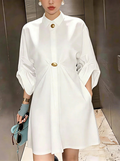 Loose Puff Sleeves Buttoned Pleated Pockets Solid Color Lapel Mini Dresses