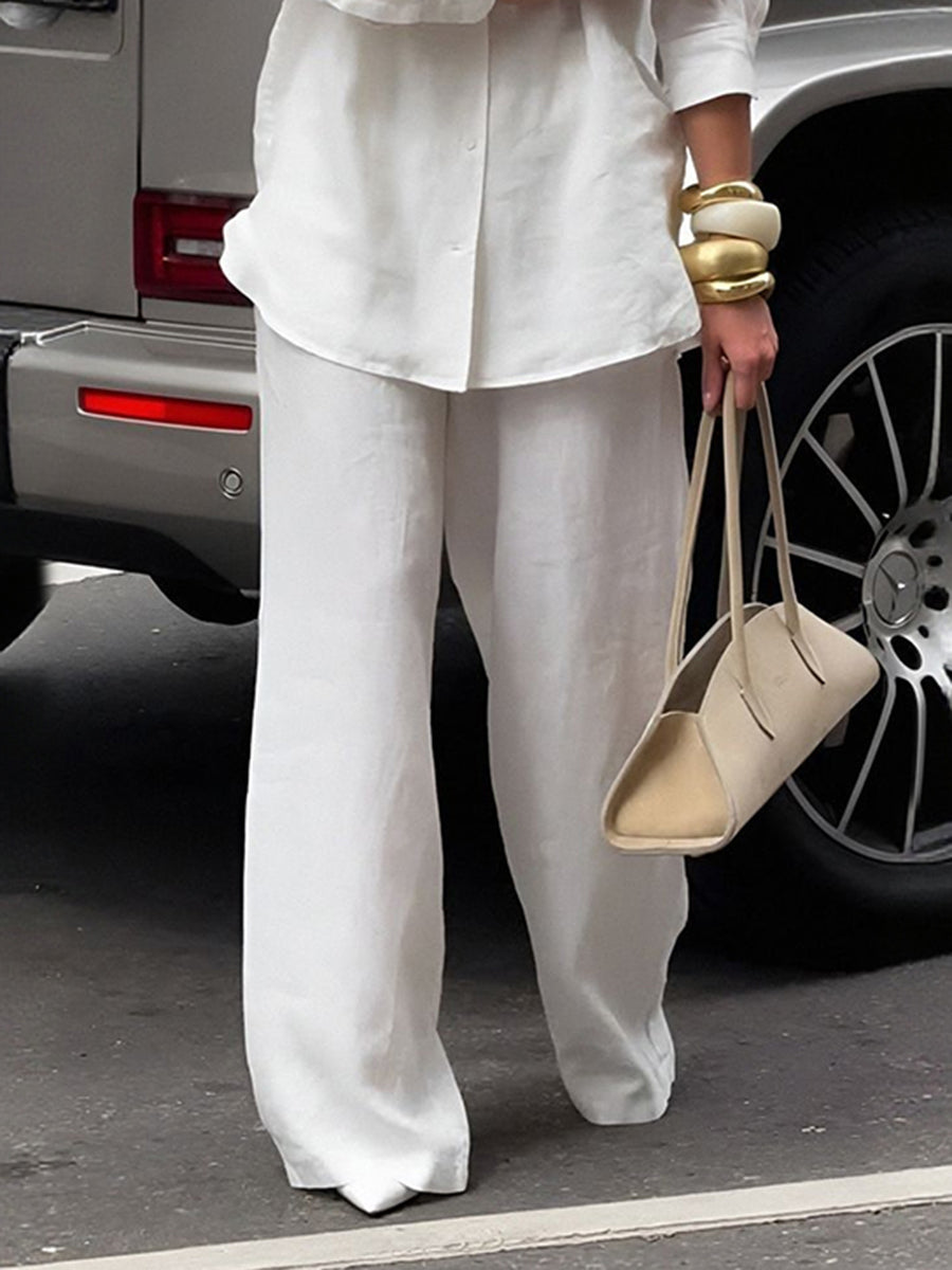 Solid Color Pockets Wide Leg Loose Trousers Pants