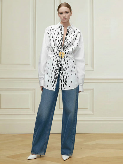 Long Sleeves Loose Brooch Elasticity Heart Shape Pleated Print Lapel Collar Blouses&Shirts Tops