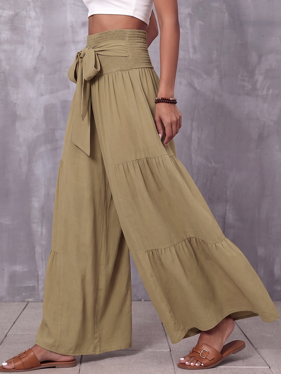 High Waisted Loose Elasticity Solid Color Split-Joint Tied Waist Pants Trousers