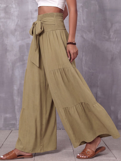 High Waisted Loose Elasticity Solid Color Split-Joint Tied Waist Pants Trousers