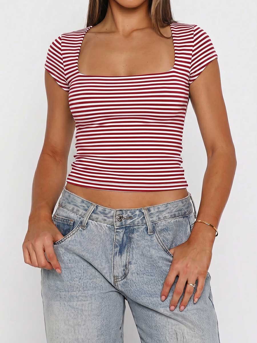 Striped Contrast Color Skinny Short Sleeves Square-neck T-Shirts Tops