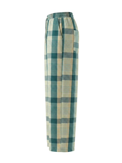 Pockets Plaid Contrast Color Wide Leg Loose Trousers Pants