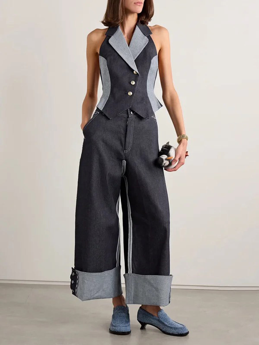 Sleeveless Buttoned Contrast Color Notched Collar Vest Top