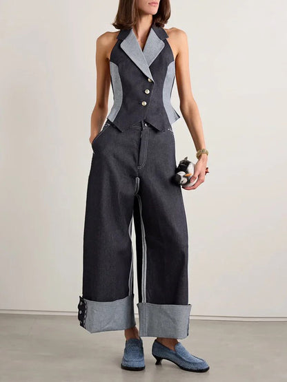 Sleeveless Buttoned Contrast Color Notched Collar Vest Top
