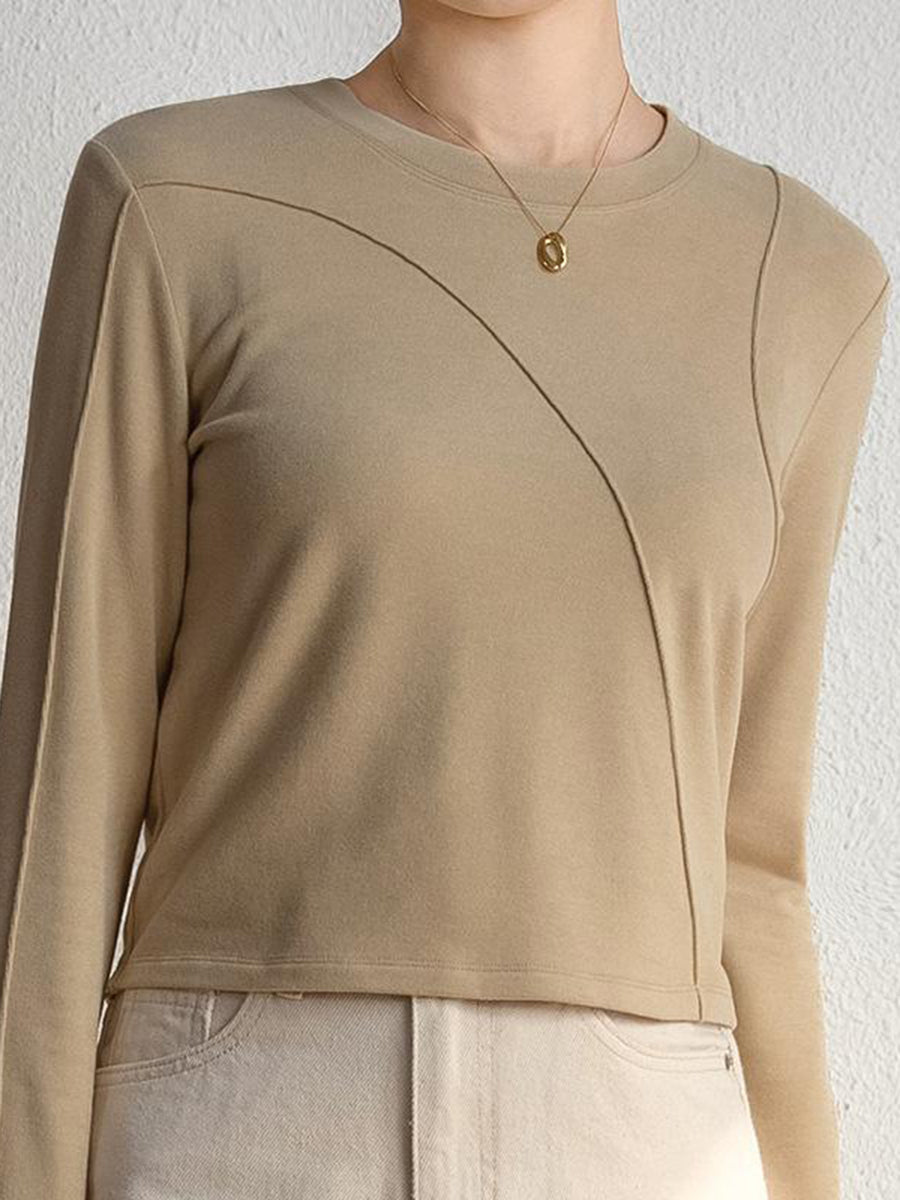 Solid Color Long Sleeves Round-neck T-Shirts Tops