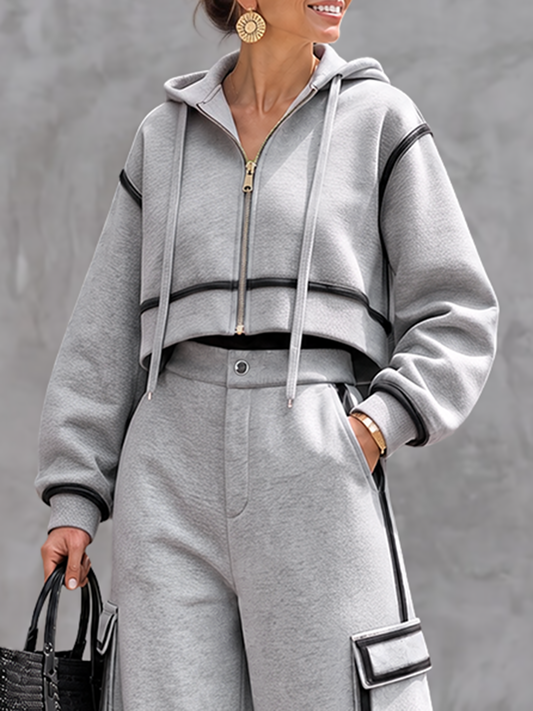 Zipper Ribbed Drawstring Contrast Color Long Sleeves Cropped Hooded Outerwear