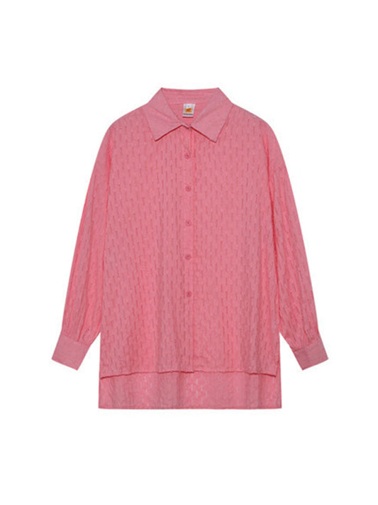 High-Low Long Sleeves Buttoned Jacquard Solid Color Lapel Shirts Top +Shorts Bottom Two Pieces Set