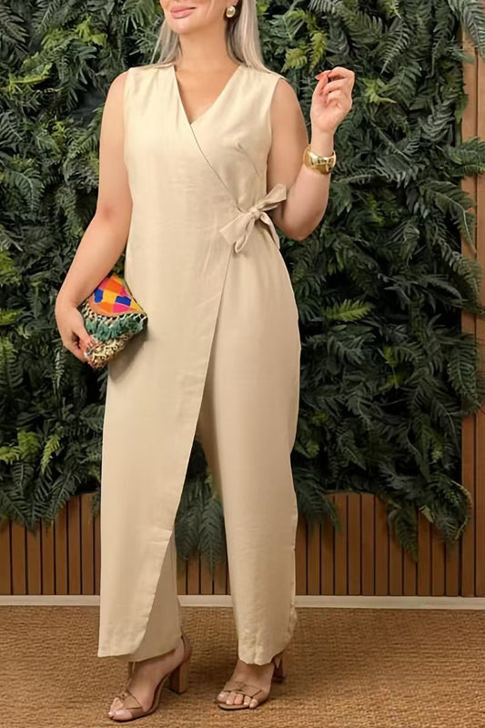 Women's Casual V-neck Cross Strap Jumpsuit Apricot XS