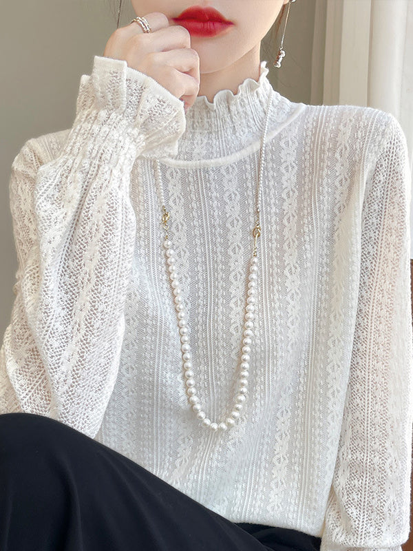 Long Sleeves Loose Elasticity Ruffle Trim Solid Color Mock Neck T-Shirts Tops