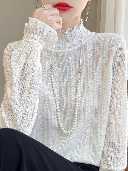 Long Sleeves Loose Elasticity Ruffle Trim Solid Color Mock Neck T-Shirts Tops