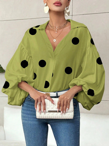 Long Sleeves Loose Contrast Color Pleated Polka Dot Split-Joint Lapel Blouses&Shirts Tops