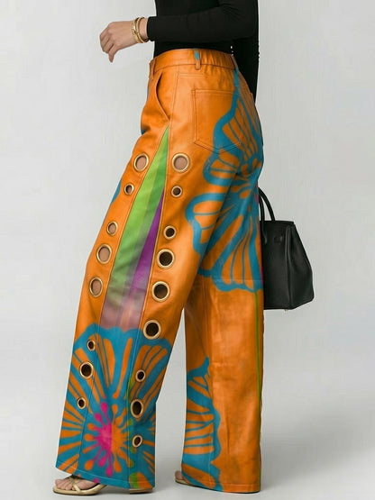 Loose Wide Leg Buttoned Contrast Color Hollow Printed Pants Trousers