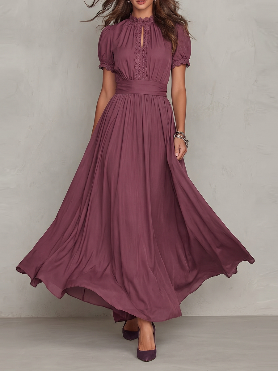 High Waisted Plus Size Buttoned Pleated Solid Color Round-neck Maxi Dresses