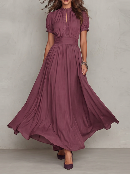 High Waisted Plus Size Buttoned Pleated Solid Color Round-neck Maxi Dresses