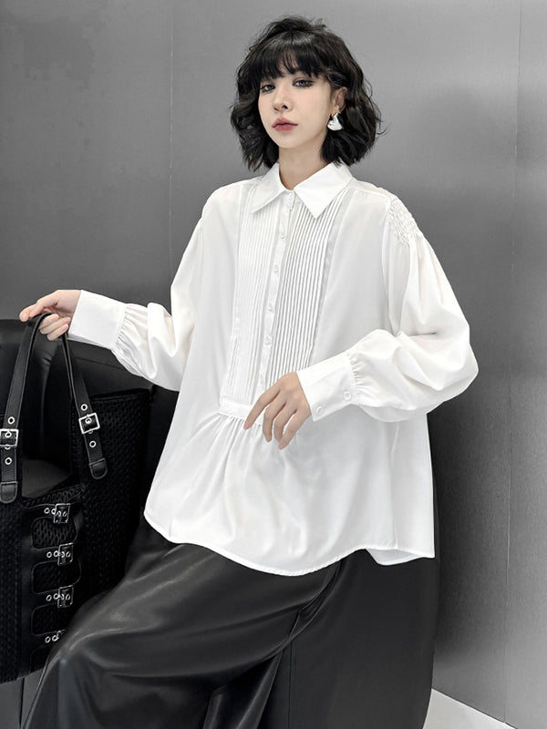 Long Sleeves Loose Buttoned Pleated Solid Color Polo Blouses&Shirts Tops