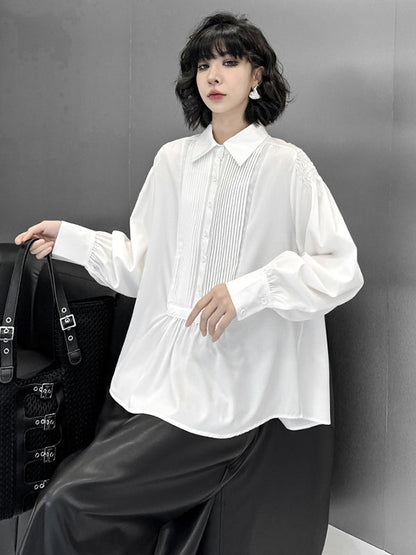 Long Sleeves Loose Buttoned Pleated Solid Color Polo Blouses&Shirts Tops