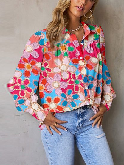 Bishop Sleeve Long Sleeves Buttoned Flower Print Lapel Blouses&Shirts Tops