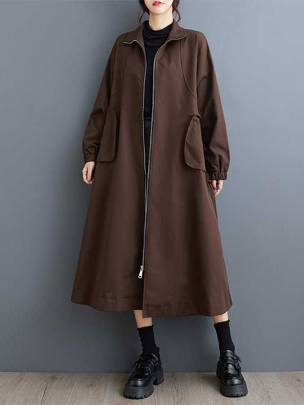 Long Sleeves Loose Elasticity Pockets Split-Joint Zipper High Neck Outerwear Trench Coats