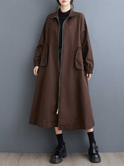 Long Sleeves Loose Elasticity Pockets Split-Joint Zipper High Neck Outerwear Trench Coats