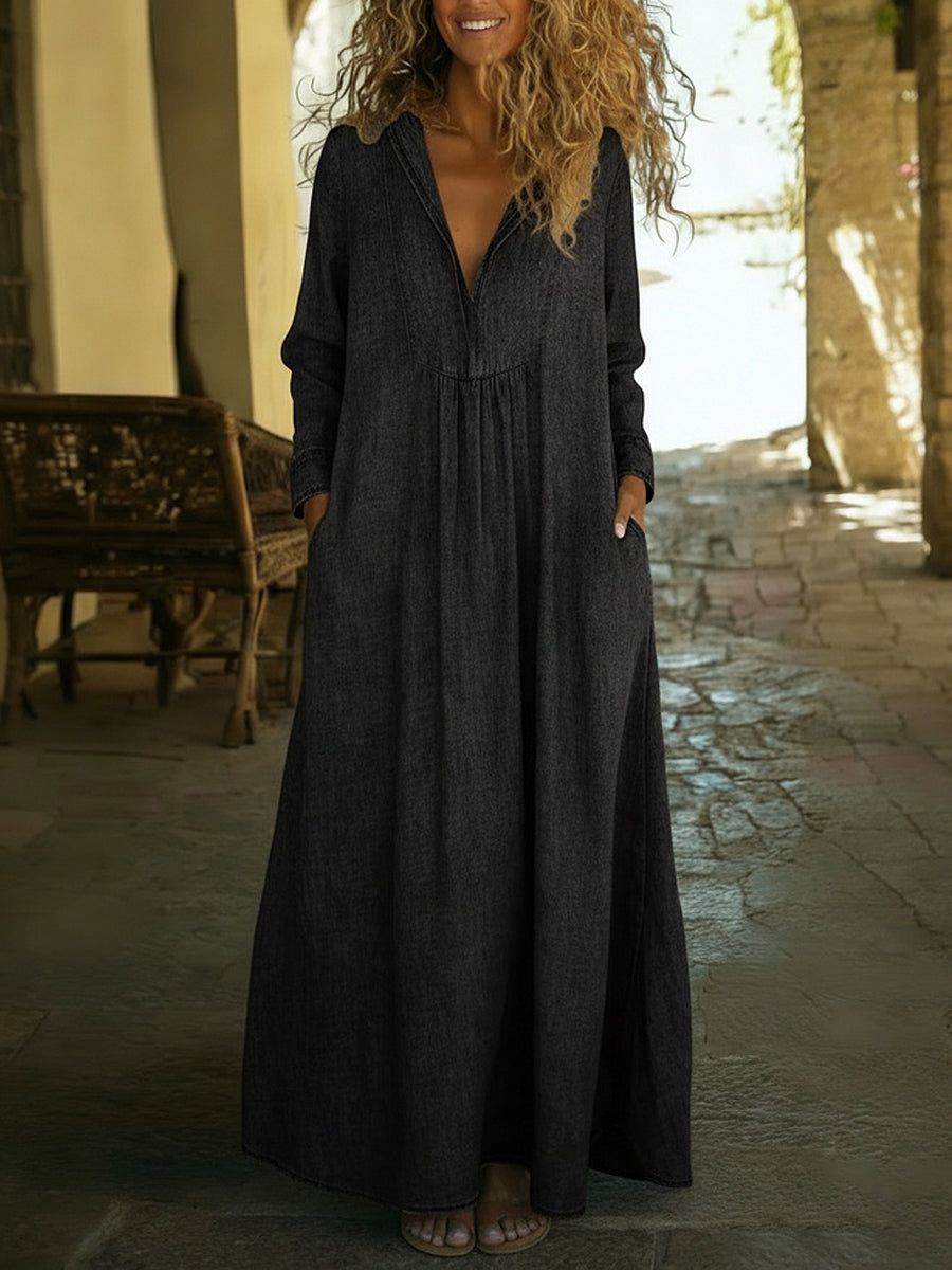 A-Line Long Sleeves Pleated Pockets Zipper V-Neck Maxi Dresses