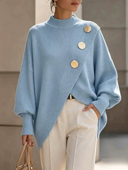 Solid Color Ribbed Buttoned Asymmetric Loose Long Sleeves Mock Neck Sweater Tops Pullovers