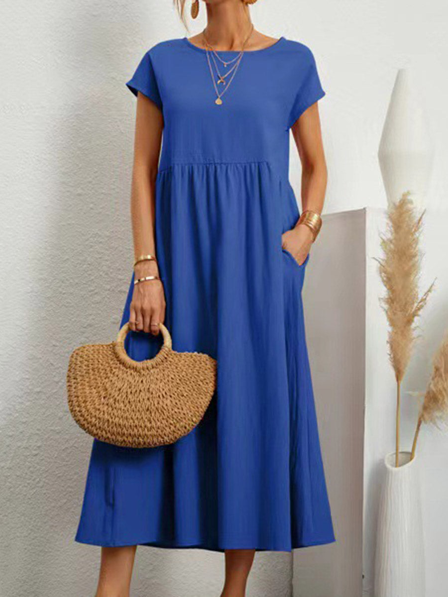 A-Line Plus Size Pleated Pockets Solid Color Round-Neck Midi Dresses