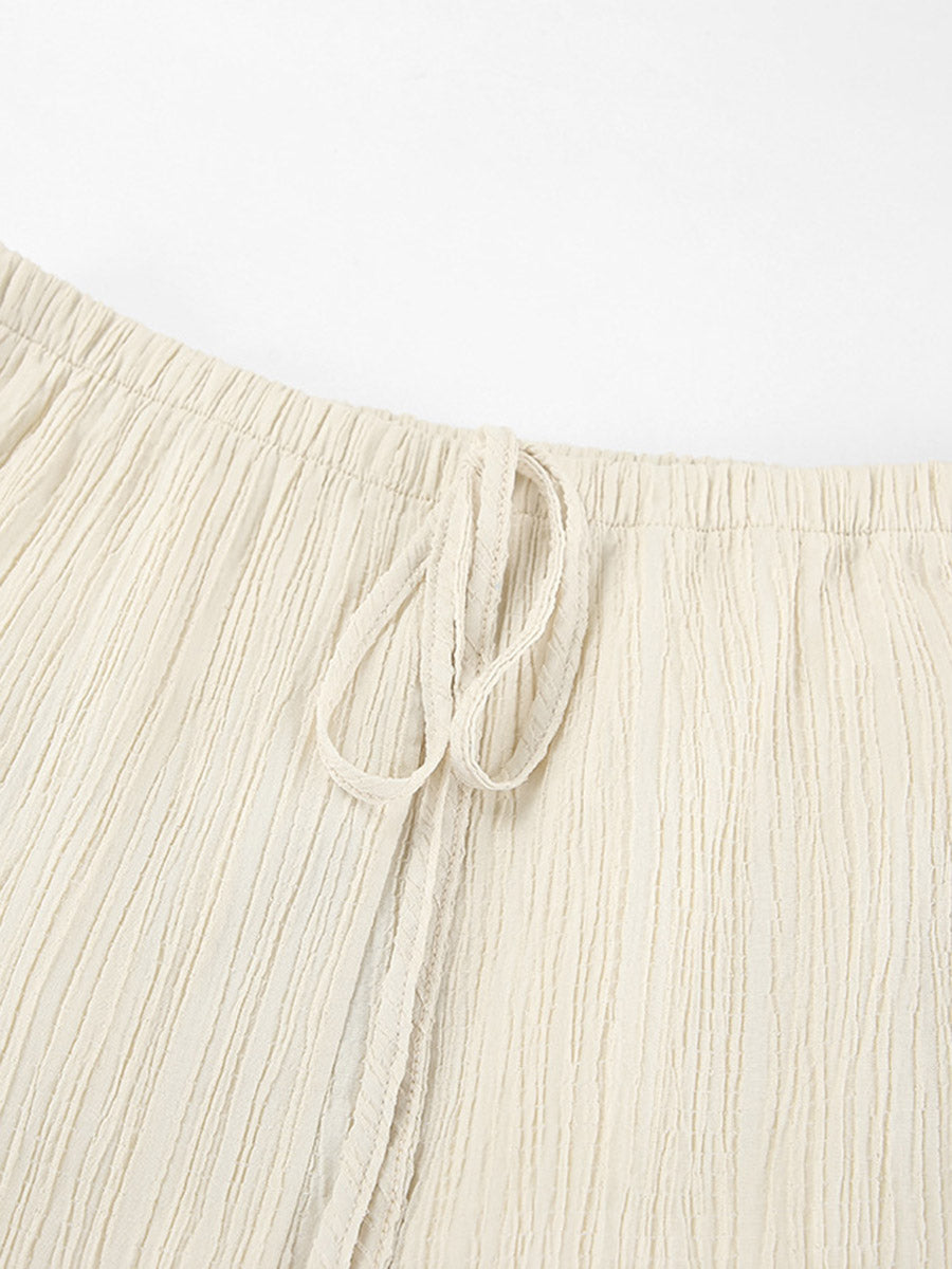 Solid Color Halter-Neck Cropped Pleated Split-Joint Tank Top + High Waisted Elasticity Tied Waist Pants Trousers Two Pieces Set