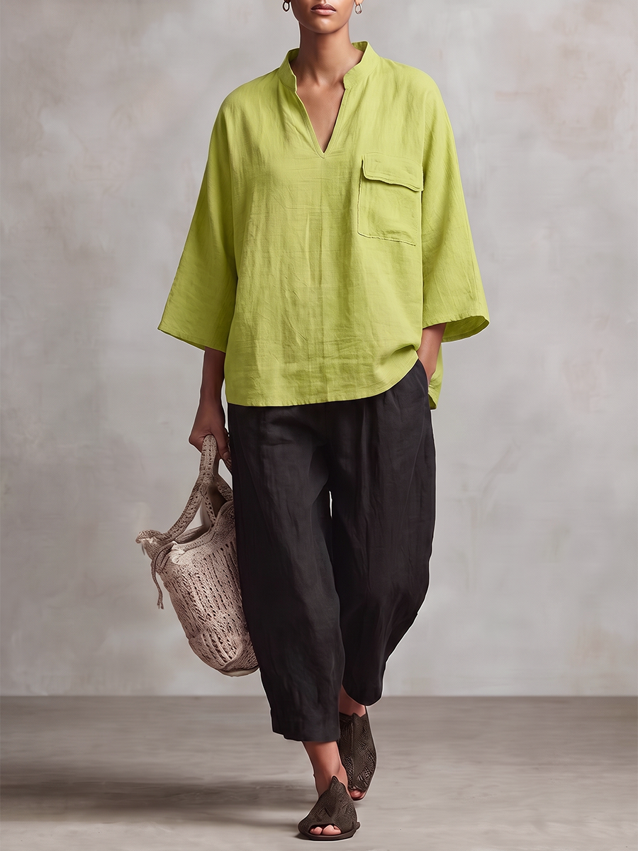 Solid Color Pockets Loose Long Sleeves V-neck Blouses&shirts Tops