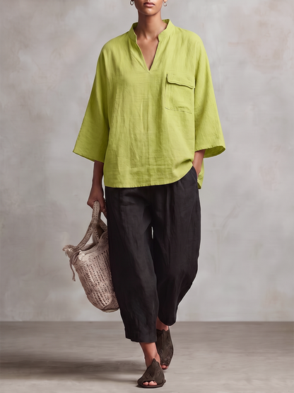 Solid Color Pockets Loose Long Sleeves V-neck Blouses&shirts Tops