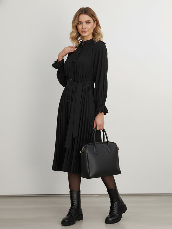 Flared Sleeves Long Sleeves Buttoned Ruffled Solid Color Tied Waist Stand Collar Midi Dresses