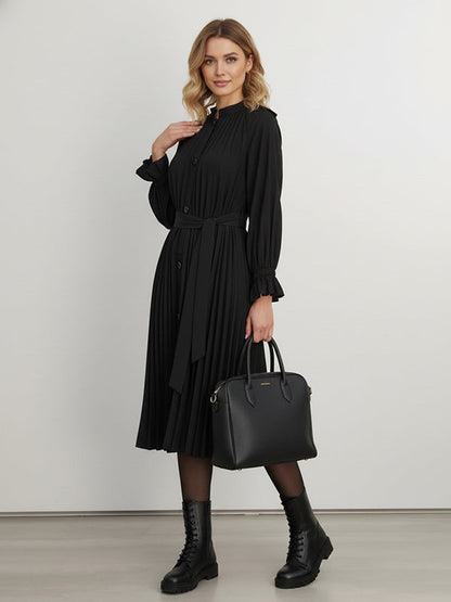 Flared Sleeves Long Sleeves Buttoned Ruffled Solid Color Tied Waist Stand Collar Midi Dresses