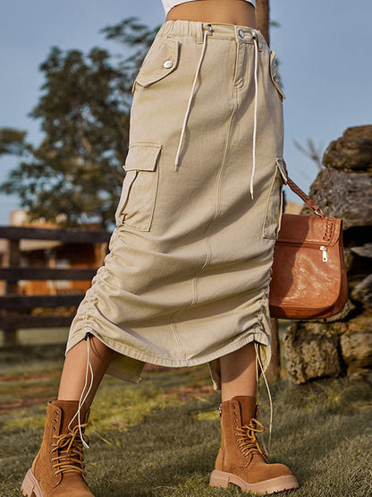 Jupe trapèze ample avec cordon de serrage et poches élastiques, couleur unie, dos fendu 