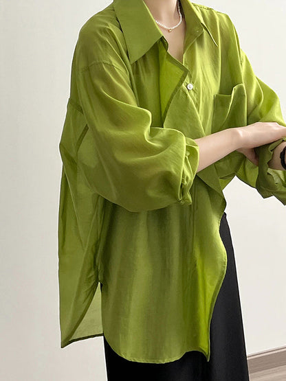 Irregular Clipping Long Sleeves Solid Color Lapel Blouses&Shirts Tops