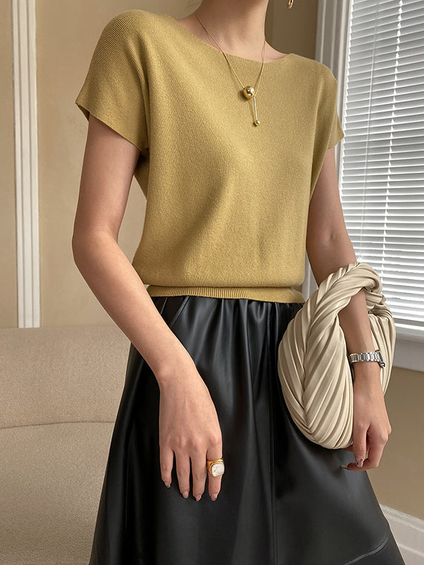 Stylish Loose Solid Color Boat Neck Knitwear Pullovers Tops YELLOW One_size