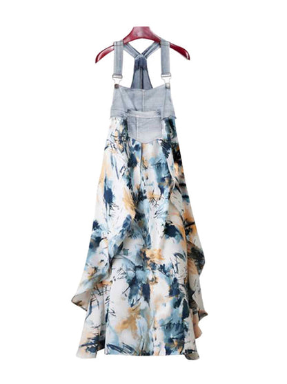 Lockeres Maxikleid in Übergröße mit Blumendruck und Taschen, geteiltem Spaghetti-Ausschnitt und Hosenträgerkleid 