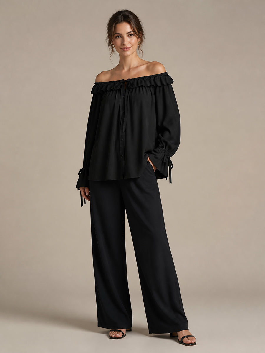 Solid Color See-Through Ruffle Trim Elasticity Drawstring Buttoned Loose Long Sleeves Off-the-shoulder Blouses&shirts Tops