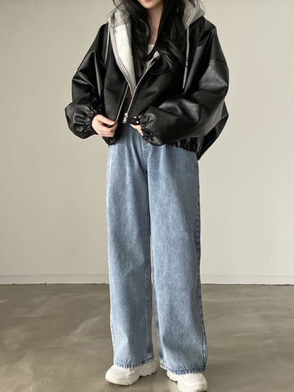 Long Sleeves Loose Drawstring Solid Color Zipper Stand Collar Jackets Outerwear