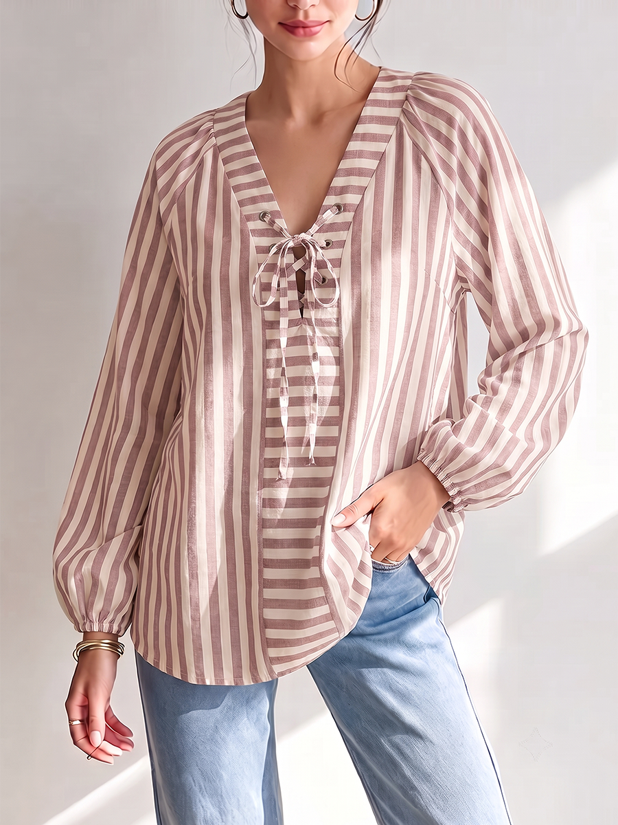 Striped Hollow Drawstring Contrast Color Puff Sleeves Loose V-neck Blouses&shirts Tops