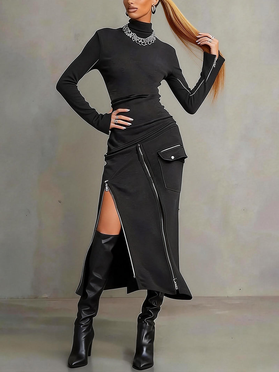 Bodycon Irregularity Asymmetric Pockets Solid Color Split-Joint Split-Side Zipper Half Turtleneck Midi Dresses