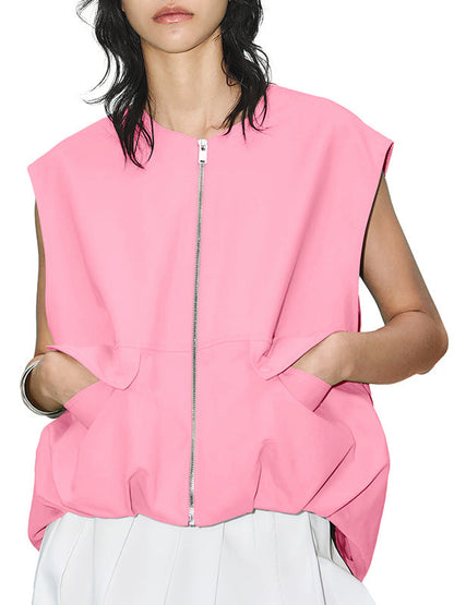 Gilet ample sans manches à poches fendues et fermeture éclair à col rond 