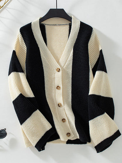 Long Sleeves Loose Buttoned Contrast Color Split-Joint Striped V-Neck Cardigan Tops
