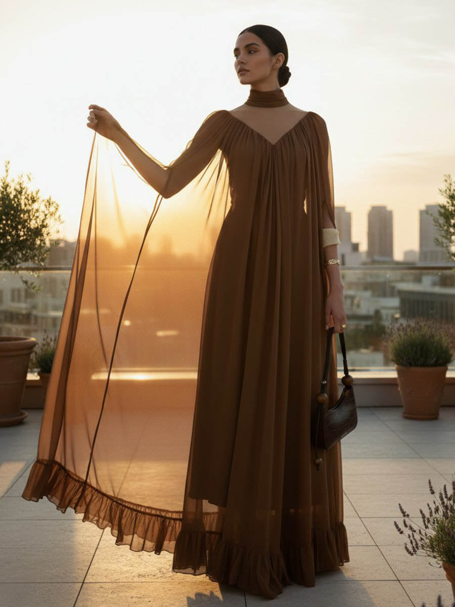 Cape Irregularity Layered Pleated Ruffled See-Through Solid Color Split-Joint High Neck Maxi Dresses