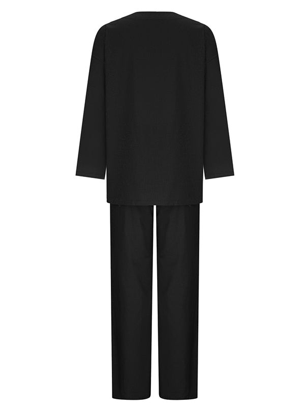 Loose Solid Color Long Sleeves Round-neck Shirts Top + Drawstring Pants Bottom Two Pieces Set